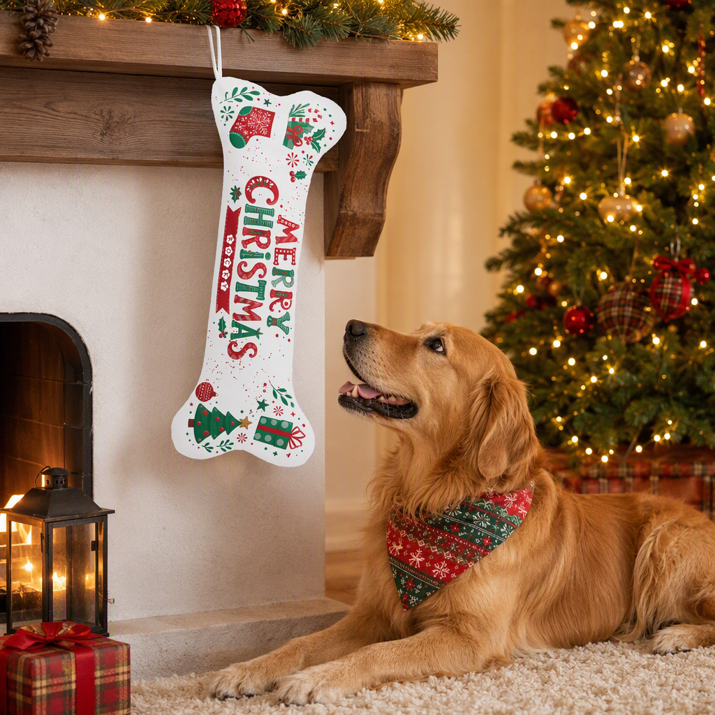 Personalized Merry Christmas Holly dog bone Christmas stocking, view 5