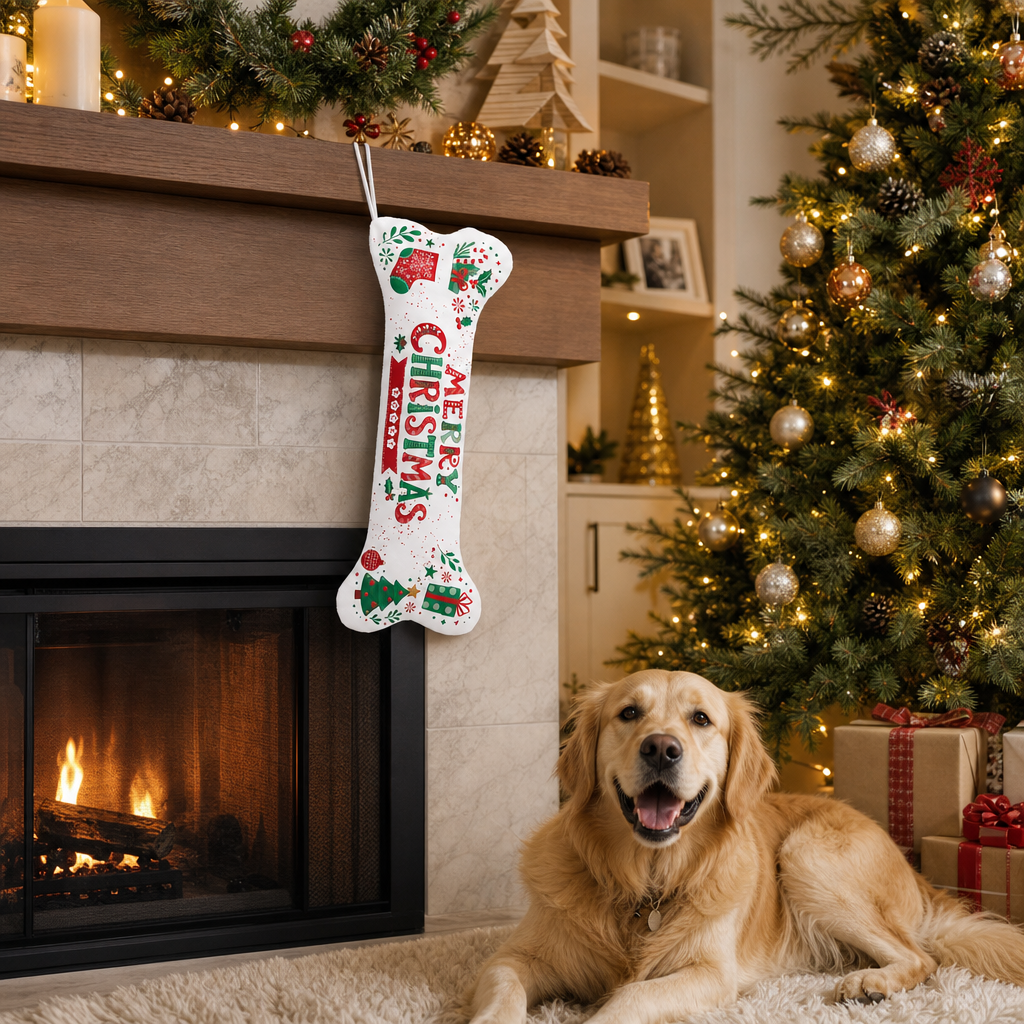 Personalized Merry Christmas Holly dog bone Christmas stocking, view 8