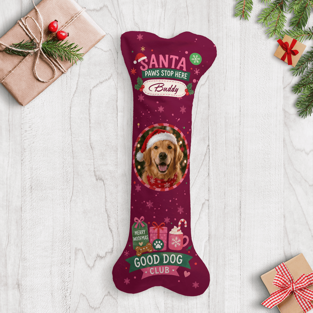 Personalized Santa Paws Stop Here Good Dog Club dog bone Christmas stocking with custom dog photo and name