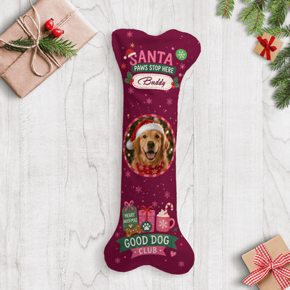 Personalized Santa Paws Stop Here Good Dog Club dog bone Christmas stocking with custom dog photo and name