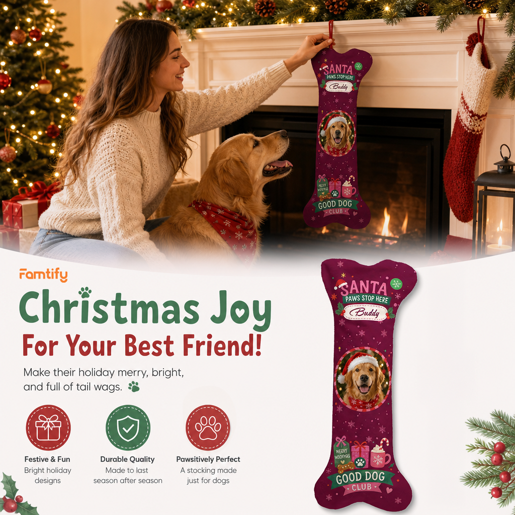 Personalized Santa Paws Stop Here dog bone Christmas stocking, view 3
