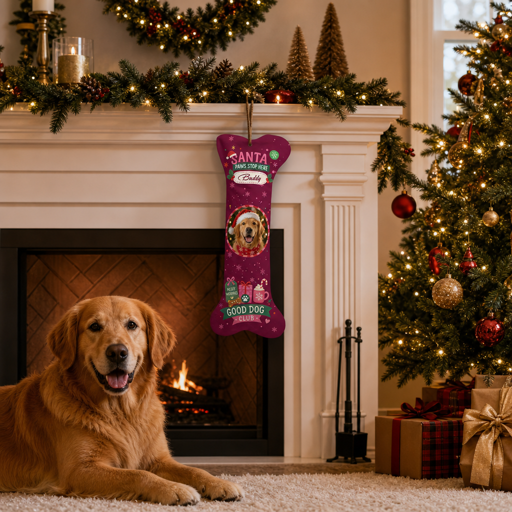 Personalized Santa Paws Stop Here dog bone Christmas stocking, view 4