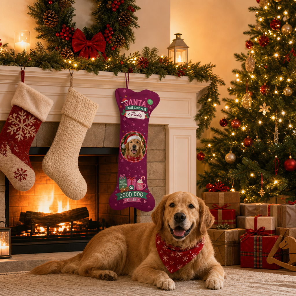 Personalized Santa Paws Stop Here dog bone Christmas stocking, view 5