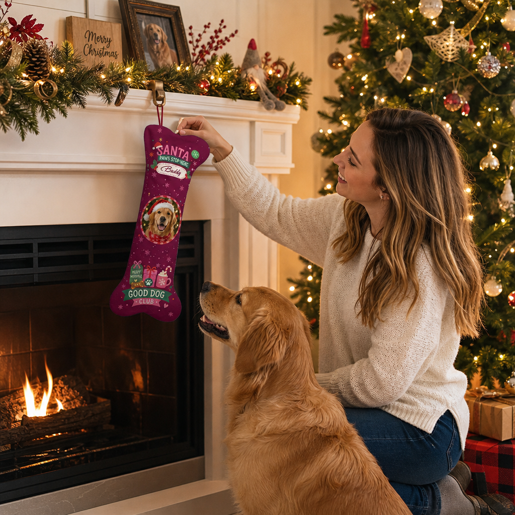 Personalized Santa Paws Stop Here dog bone Christmas stocking, view 6