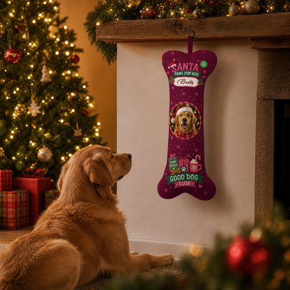 Personalized Santa Paws Stop Here dog bone Christmas stocking, view 8