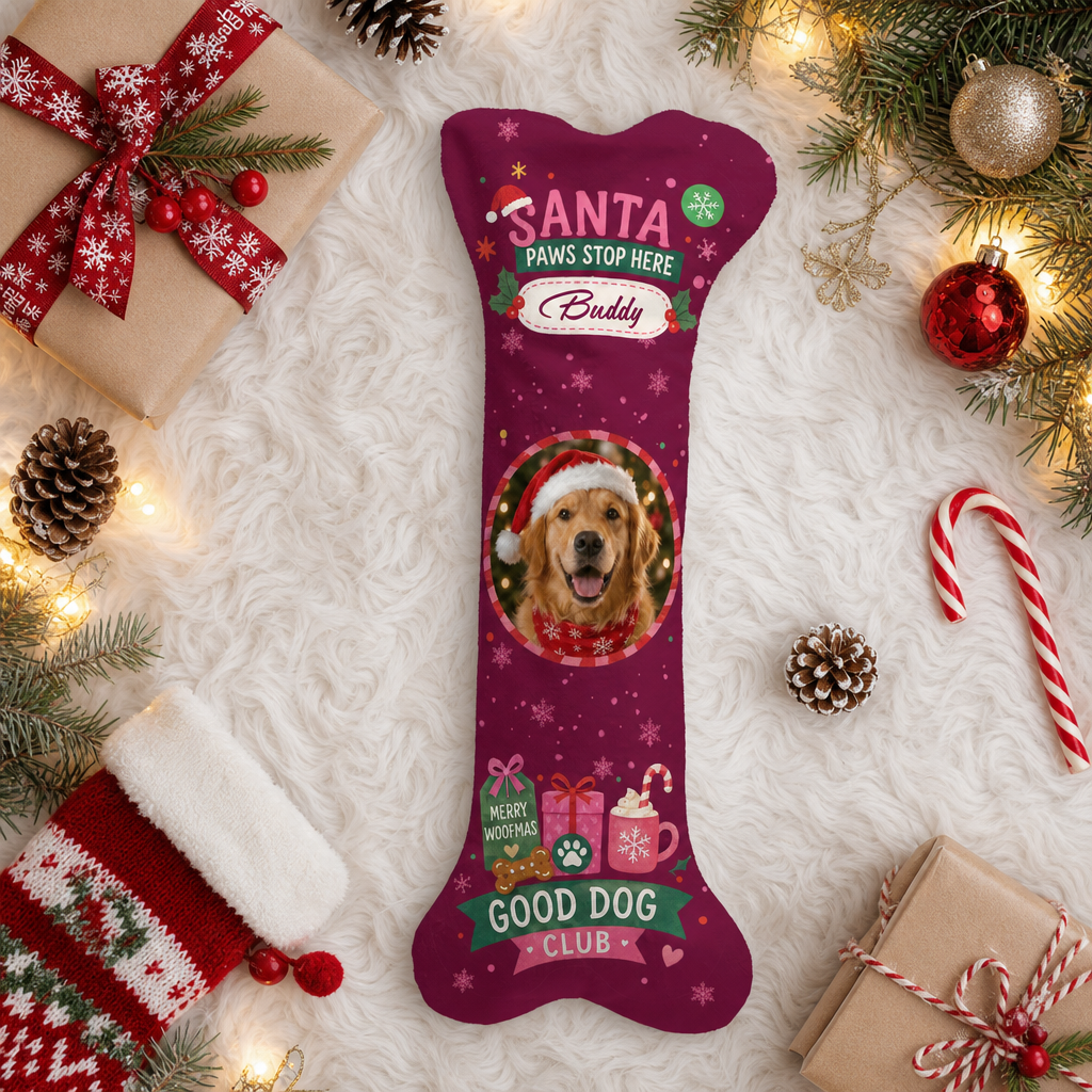 Personalized Santa Paws Stop Here dog bone Christmas stocking, view 9