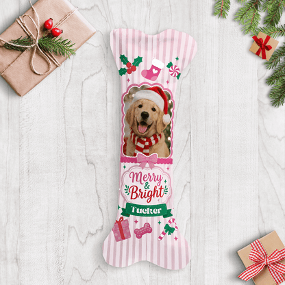 Personalized Merry and Bright Candy Stripe dog bone Christmas stocking with custom dog photo and name