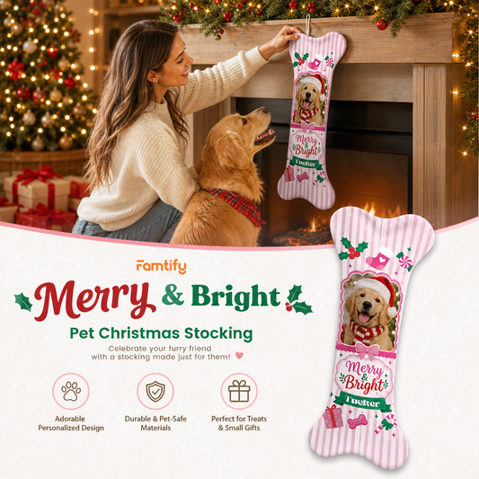 Personalized Merry and Bright Candy Stripe dog bone Christmas stocking, view 2