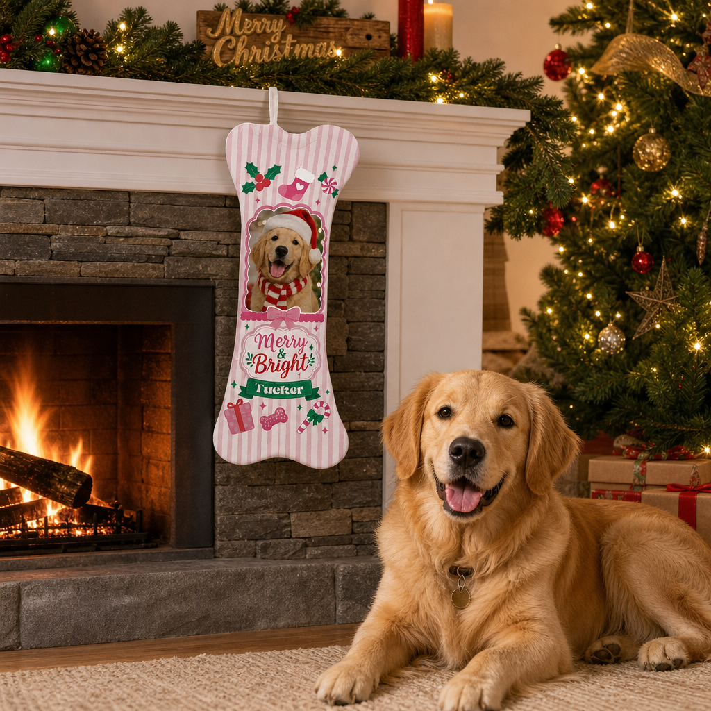 Personalized Merry and Bright Candy Stripe dog bone Christmas stocking, view 3
