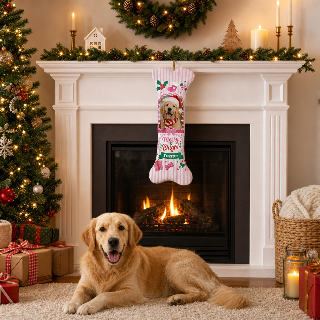Personalized Merry and Bright Candy Stripe dog bone Christmas stocking, view 4