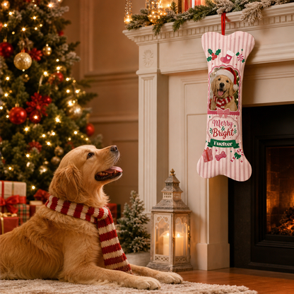 Personalized Merry and Bright Candy Stripe dog bone Christmas stocking, view 7