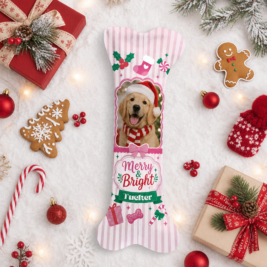 Personalized Merry and Bright Candy Stripe dog bone Christmas stocking, view 8