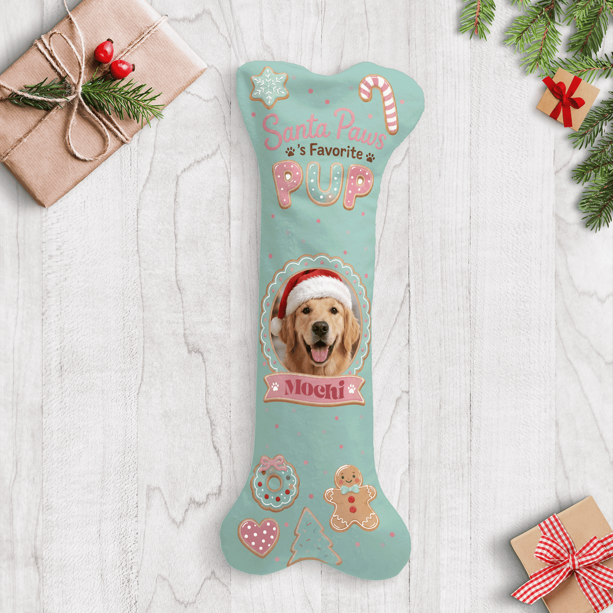 Personalized Santa Paws Favorite Pup dog bone Christmas stocking with custom dog photo and name