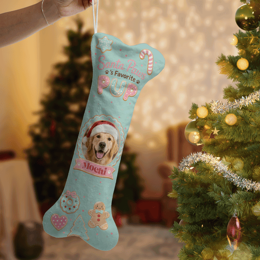 Personalized Santa Paws Favorite Pup dog bone Christmas stocking, view 2