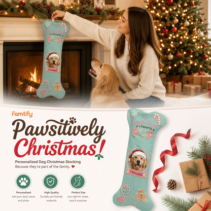 Personalized Santa Paws Favorite Pup dog bone Christmas stocking, view 3