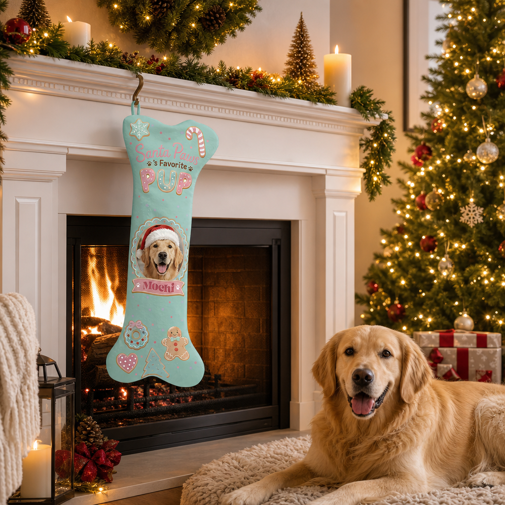 Personalized Santa Paws Favorite Pup dog bone Christmas stocking, view 4