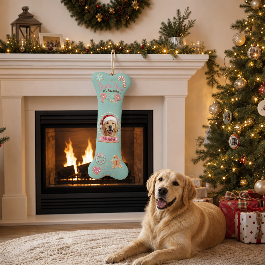 Personalized Santa Paws Favorite Pup dog bone Christmas stocking, view 5