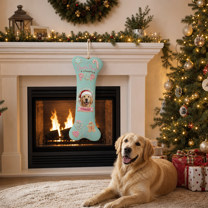Personalized Santa Paws Favorite Pup dog bone Christmas stocking, view 5