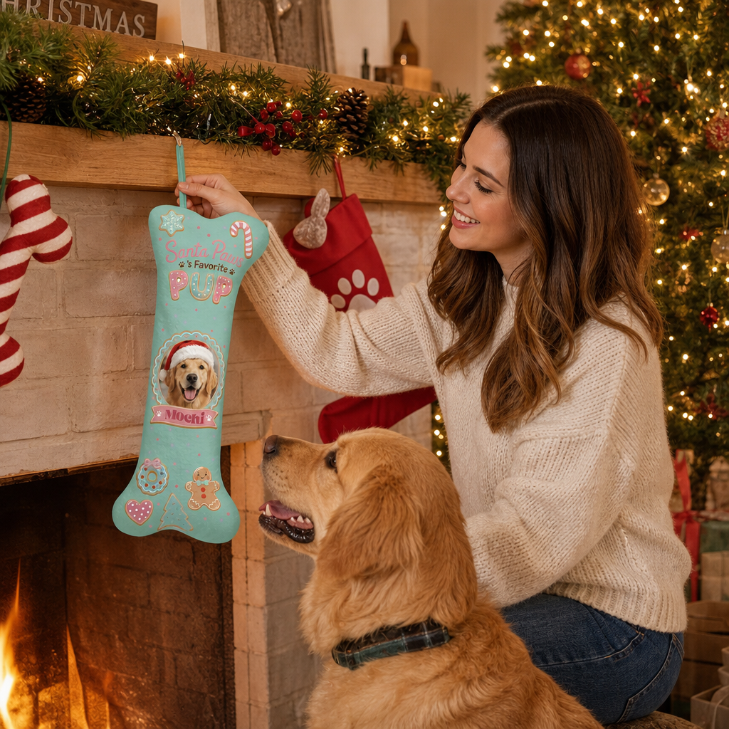 Personalized Santa Paws Favorite Pup dog bone Christmas stocking, view 6