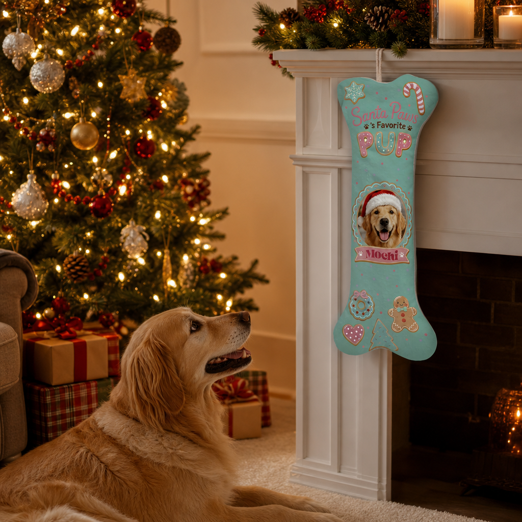 Personalized Santa Paws Favorite Pup dog bone Christmas stocking, view 8