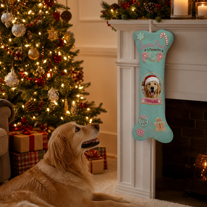 Personalized Santa Paws Favorite Pup dog bone Christmas stocking, view 8