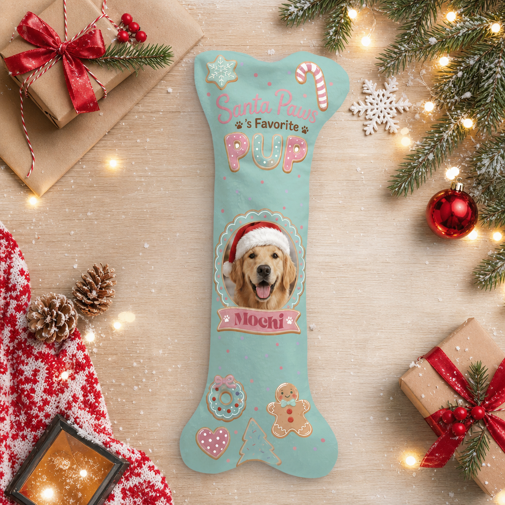 Personalized Santa Paws Favorite Pup dog bone Christmas stocking, view 9