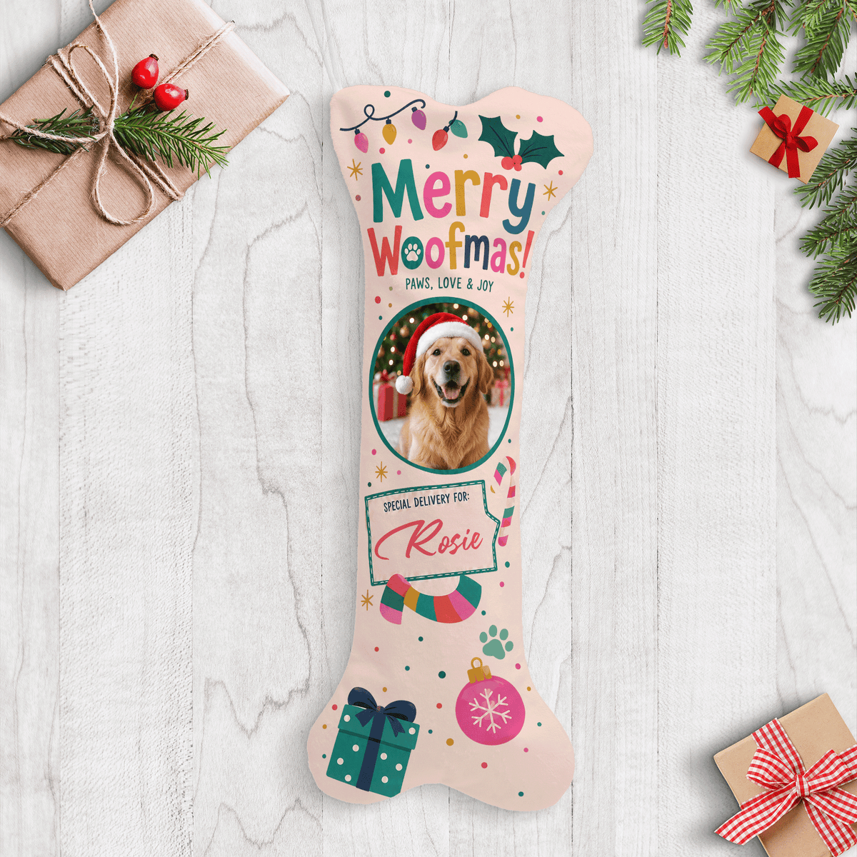 Personalized Merry Woofmas Special Delivery dog bone Christmas stocking with custom dog photo and name
