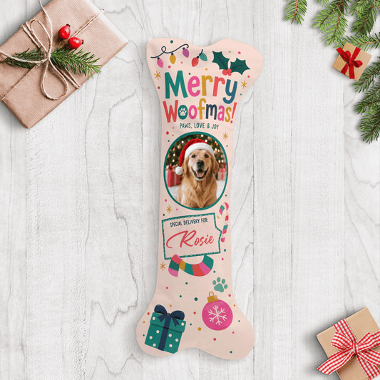 Personalized Merry Woofmas Special Delivery dog bone Christmas stocking with custom dog photo and name