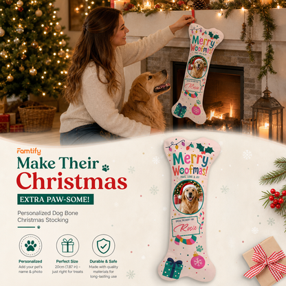 Personalized Merry Woofmas Special Delivery dog bone Christmas stocking, view 2