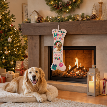 Personalized Merry Woofmas Special Delivery dog bone Christmas stocking, view 3
