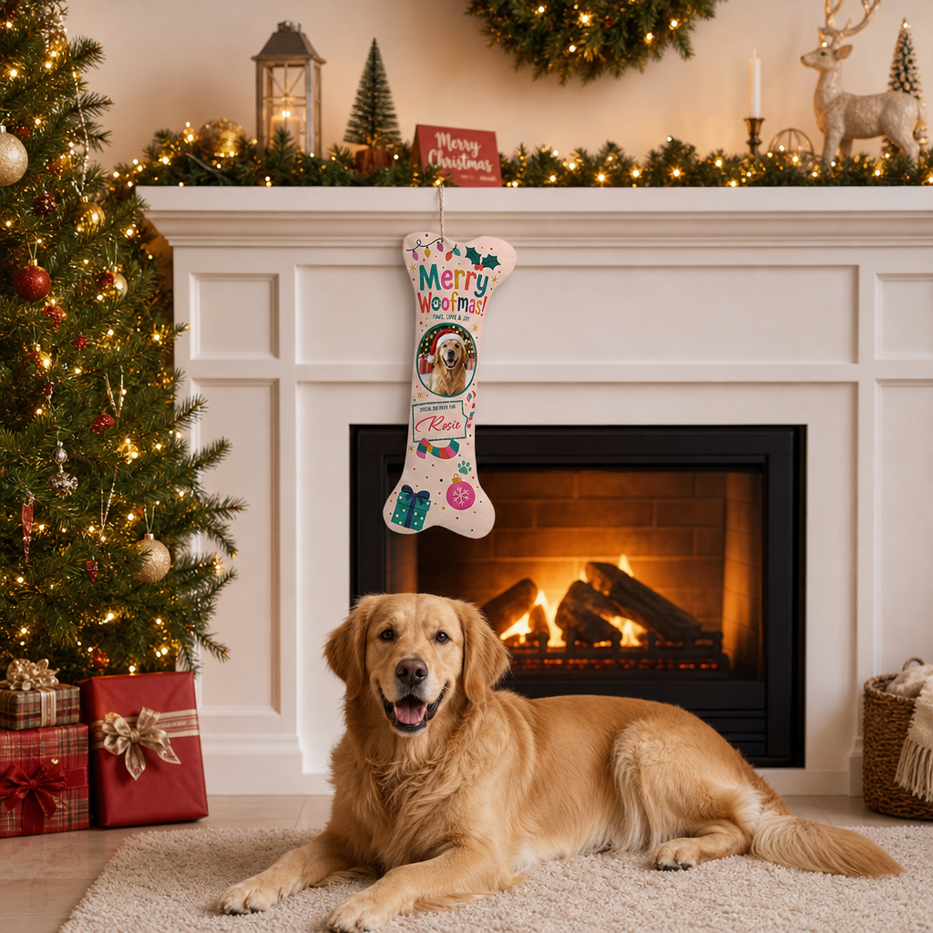 Personalized Merry Woofmas Special Delivery dog bone Christmas stocking, view 4