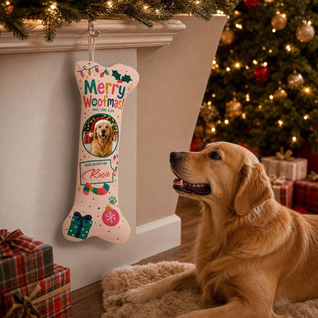 Personalized Merry Woofmas Special Delivery dog bone Christmas stocking, view 7