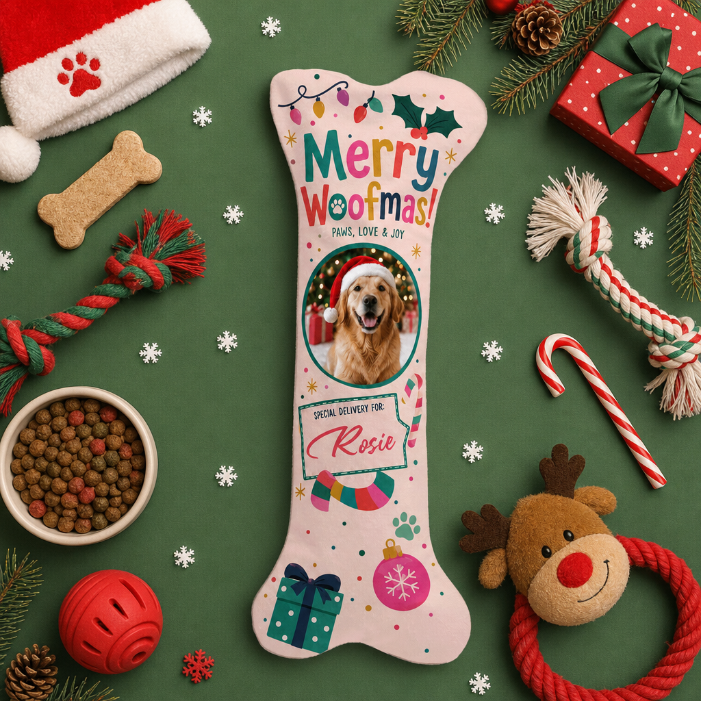Personalized Merry Woofmas Special Delivery dog bone Christmas stocking, view 8