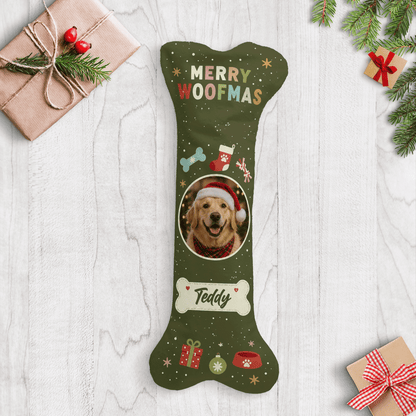 Personalized Merry Woofmas Bone Tag dog bone Christmas stocking with custom dog photo and name