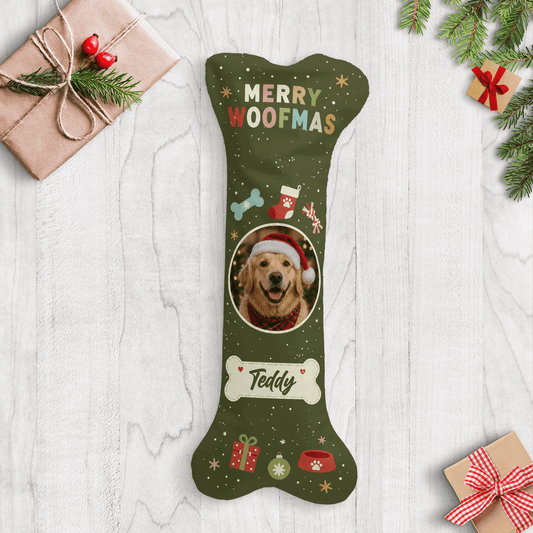 Personalized Merry Woofmas Bone Tag dog bone Christmas stocking with custom dog photo and name