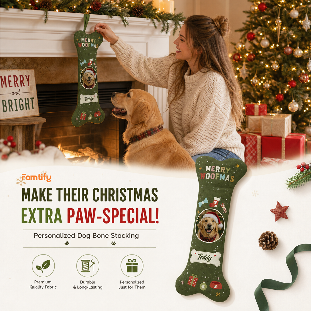 Personalized Merry Woofmas Bone Tag dog bone Christmas stocking, view 2