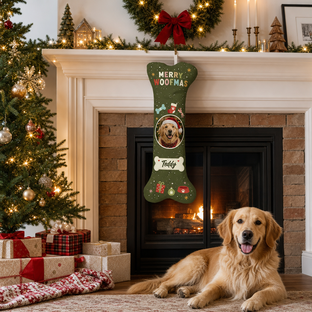 Personalized Merry Woofmas Bone Tag dog bone Christmas stocking, view 3