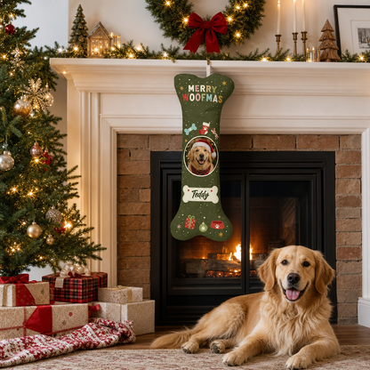 Personalized Merry Woofmas Bone Tag dog bone Christmas stocking, view 3