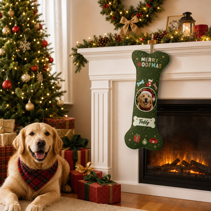 Personalized Merry Woofmas Bone Tag dog bone Christmas stocking, view 4