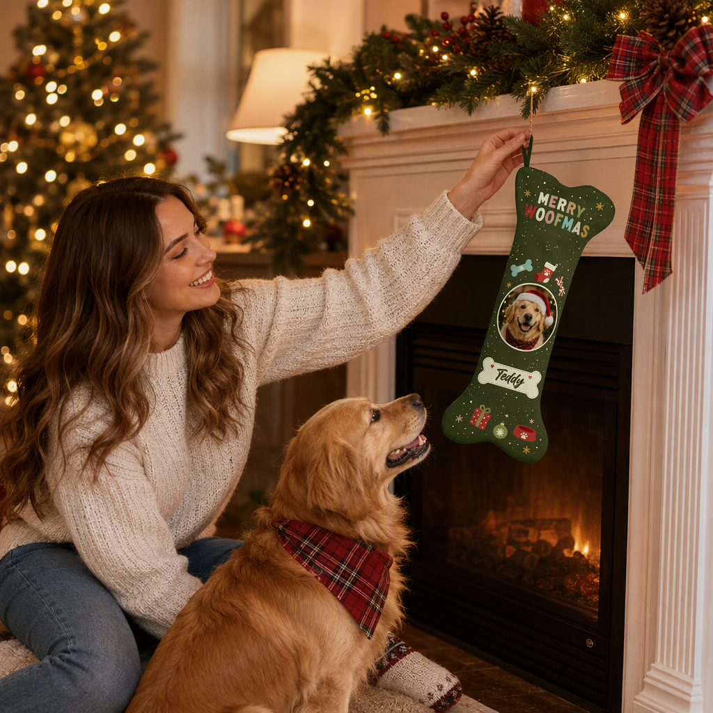 Personalized Merry Woofmas Bone Tag dog bone Christmas stocking, view 5