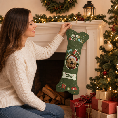 Personalized Merry Woofmas Bone Tag dog bone Christmas stocking, view 6