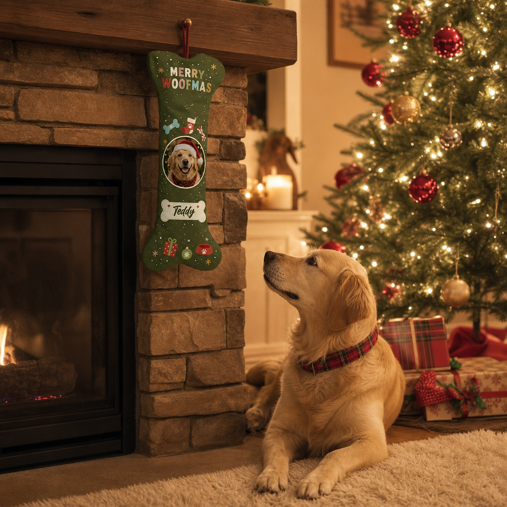Personalized Merry Woofmas Bone Tag dog bone Christmas stocking, view 7