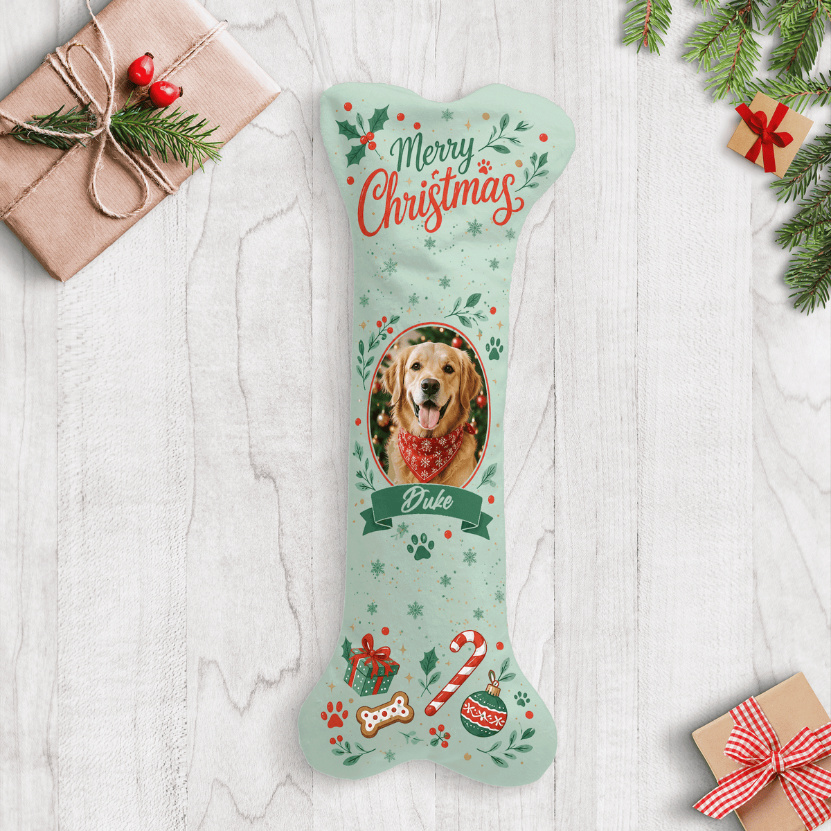 Personalized Merry Christmas Candy Cane Wreath dog bone Christmas stocking with custom dog photo and name