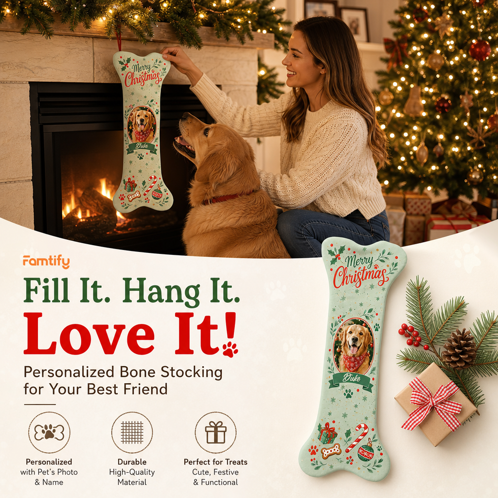 Personalized Merry Christmas Candy Cane Wreath dog bone Christmas stocking, view 3