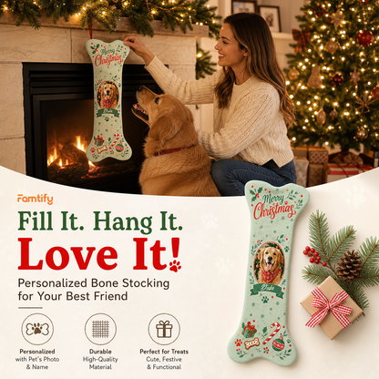 Personalized Merry Christmas Candy Cane Wreath dog bone Christmas stocking, view 3