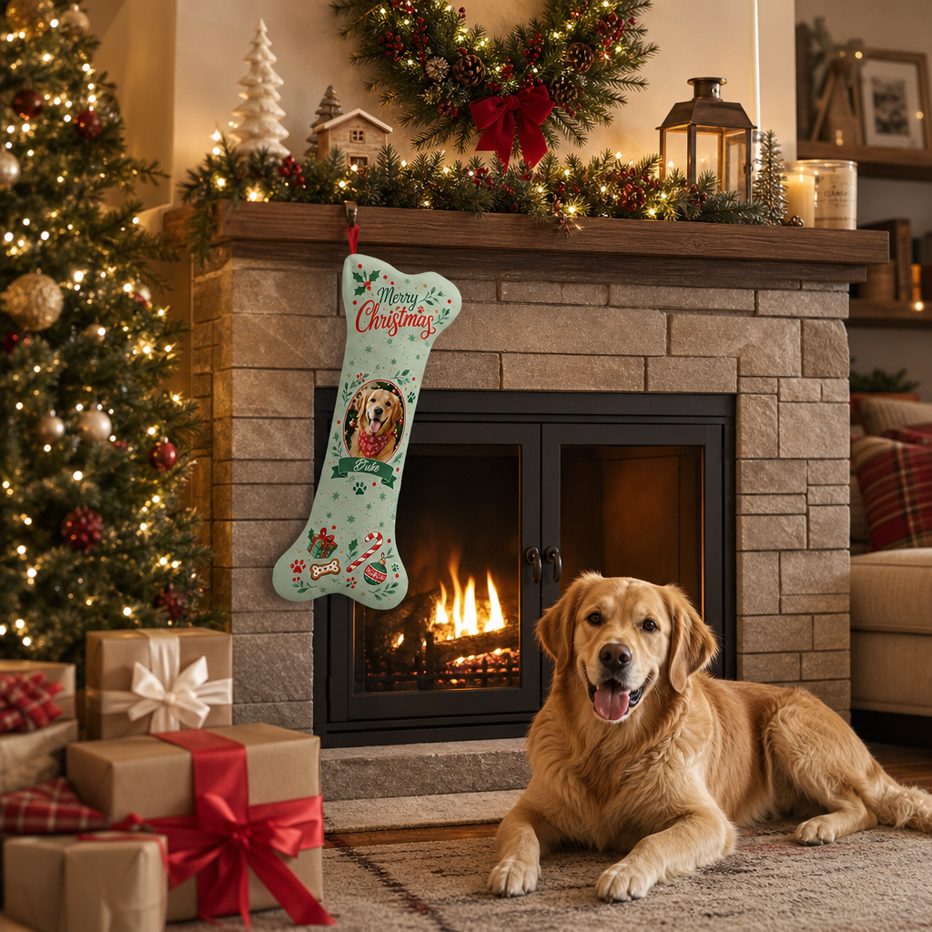 Personalized Merry Christmas Candy Cane Wreath dog bone Christmas stocking, view 4