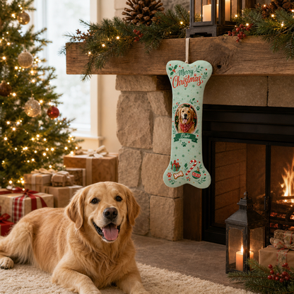 Personalized Merry Christmas Candy Cane Wreath dog bone Christmas stocking, view 5