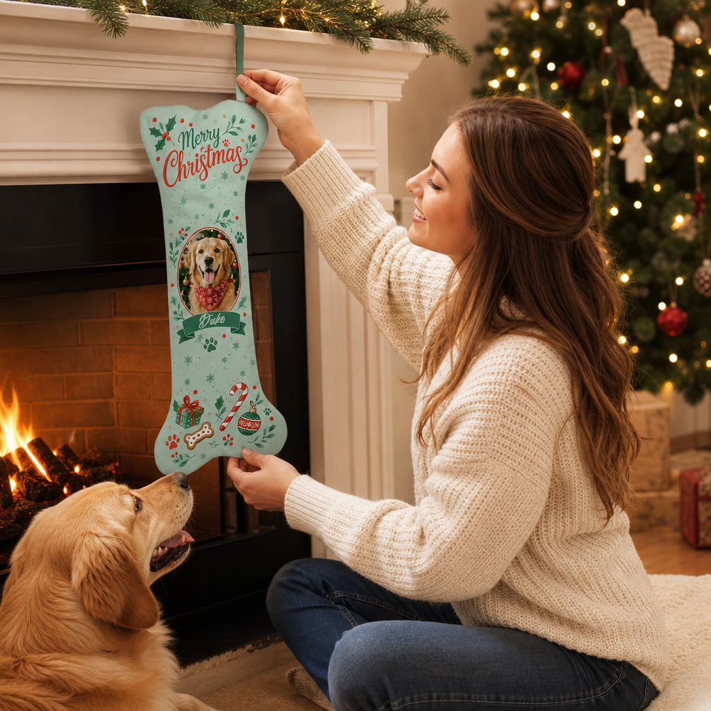 Personalized Merry Christmas Candy Cane Wreath dog bone Christmas stocking, view 6