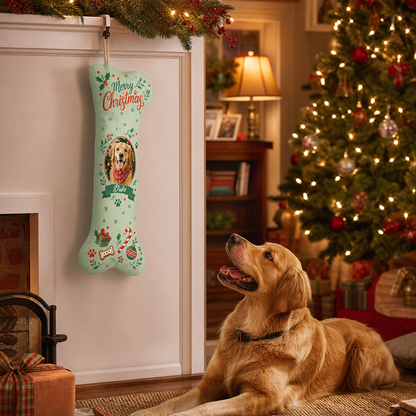 Personalized Merry Christmas Candy Cane Wreath dog bone Christmas stocking, view 8