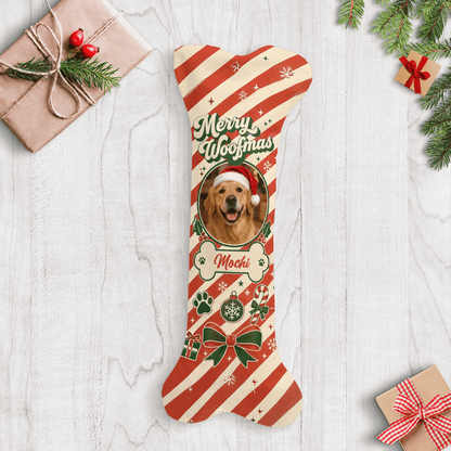 Personalized Merry Woofmas Peppermint Stripe dog bone Christmas stocking with custom dog photo and name